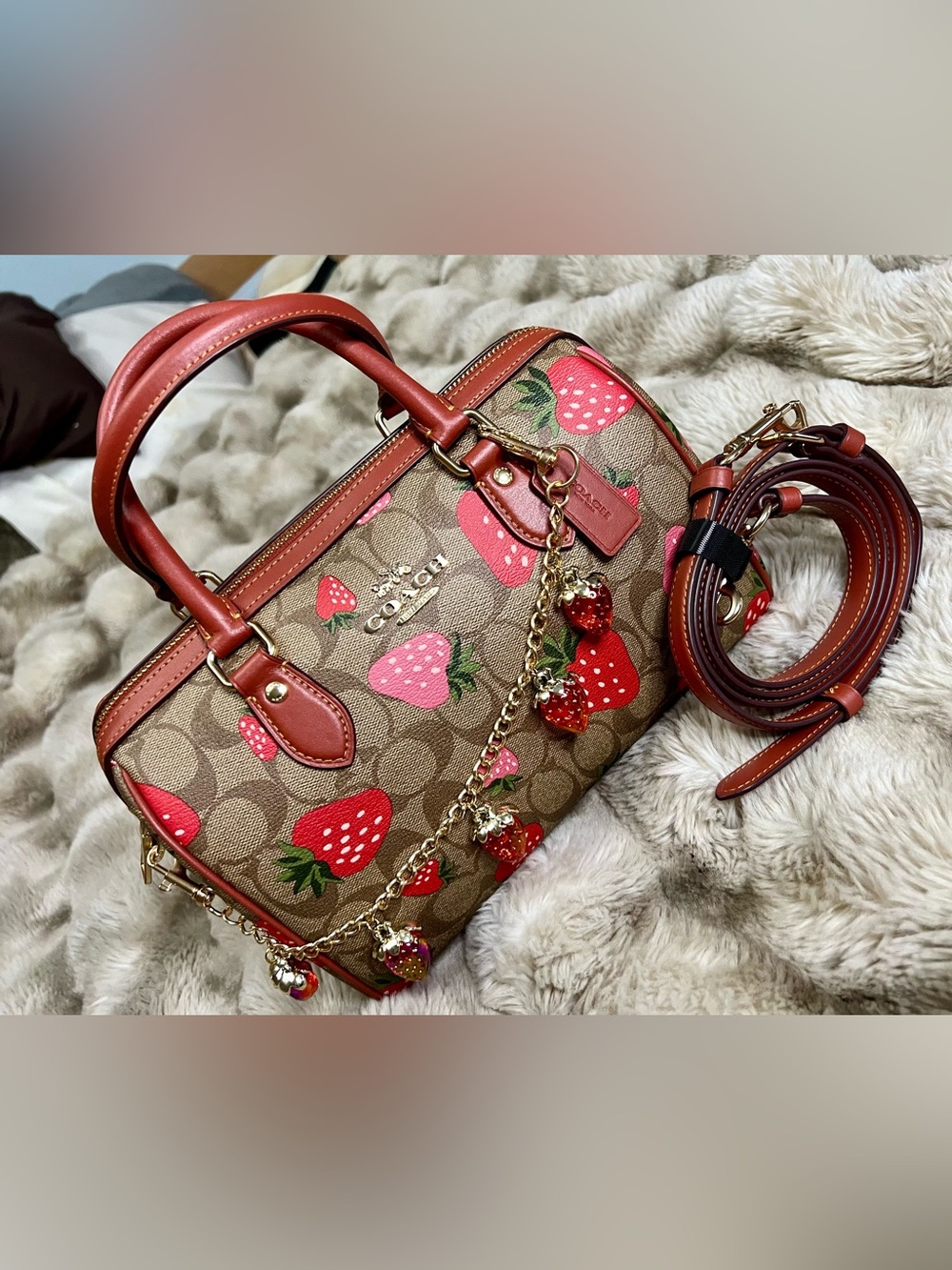 Medium Coach Rowan Satchel in brown & red signature strawberry print (MSRP $428)
